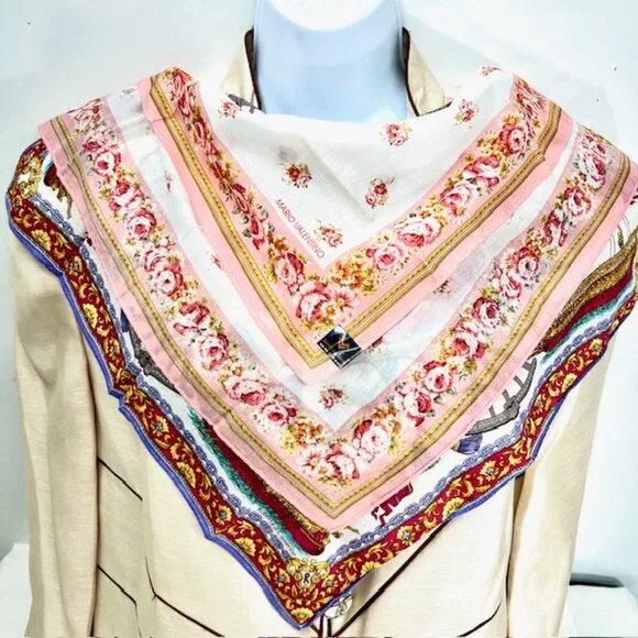 New  Set of 2 Handkerchief/Mini Scarfs Valentino, cotton 18" red pink floral(25) - Picture 2 of 10